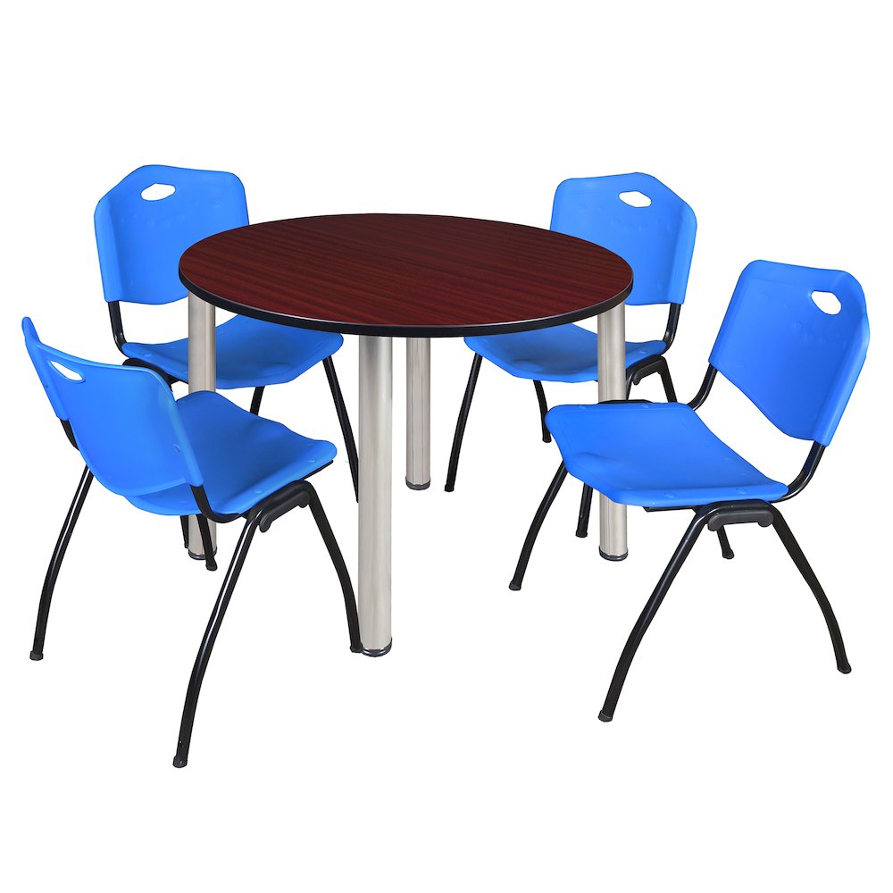 48 in Round Breakroom Table- Mahogany Top, Chrome Legs, 4 M Stack Chairs- Blue
