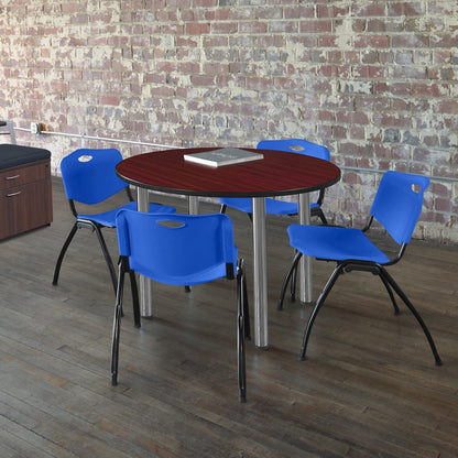 48 in Round Breakroom Table- Mahogany Top, Chrome Legs, 4 M Stack Chairs- Blue