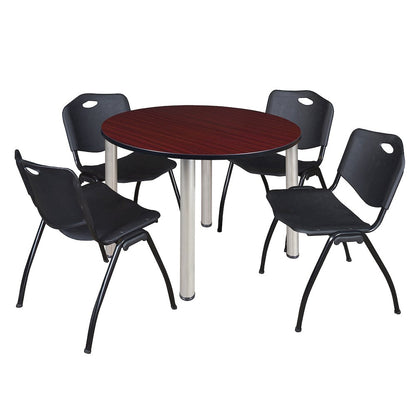 48 in Round Breakroom Table- Mahogany Top, Chrome Legs, 4 M Stack Chairs- Black