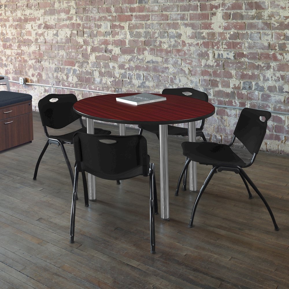 48 in Round Breakroom Table- Mahogany Top, Chrome Legs, 4 M Stack Chairs- Black