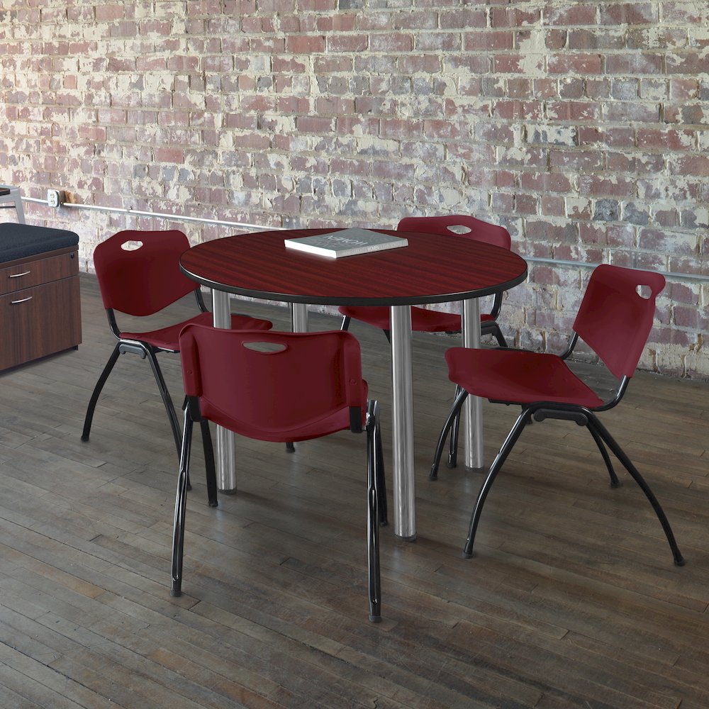48 Round Breakroom Table- Mahogany Top, Chrome Legs, 4 M Stack Chairs- Burgundy