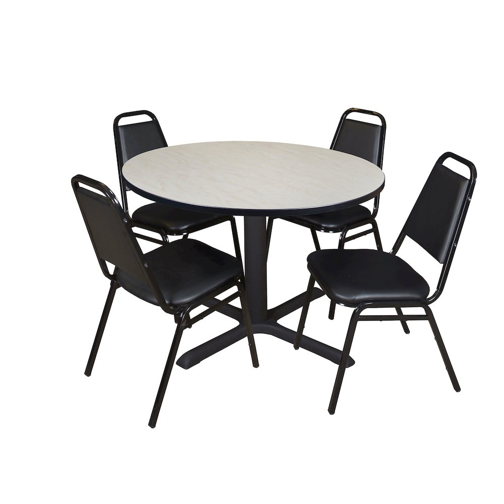 48 in. Round X-Base Breakroom Table- Maple & 4 Restaurant Stack Chairs- Black