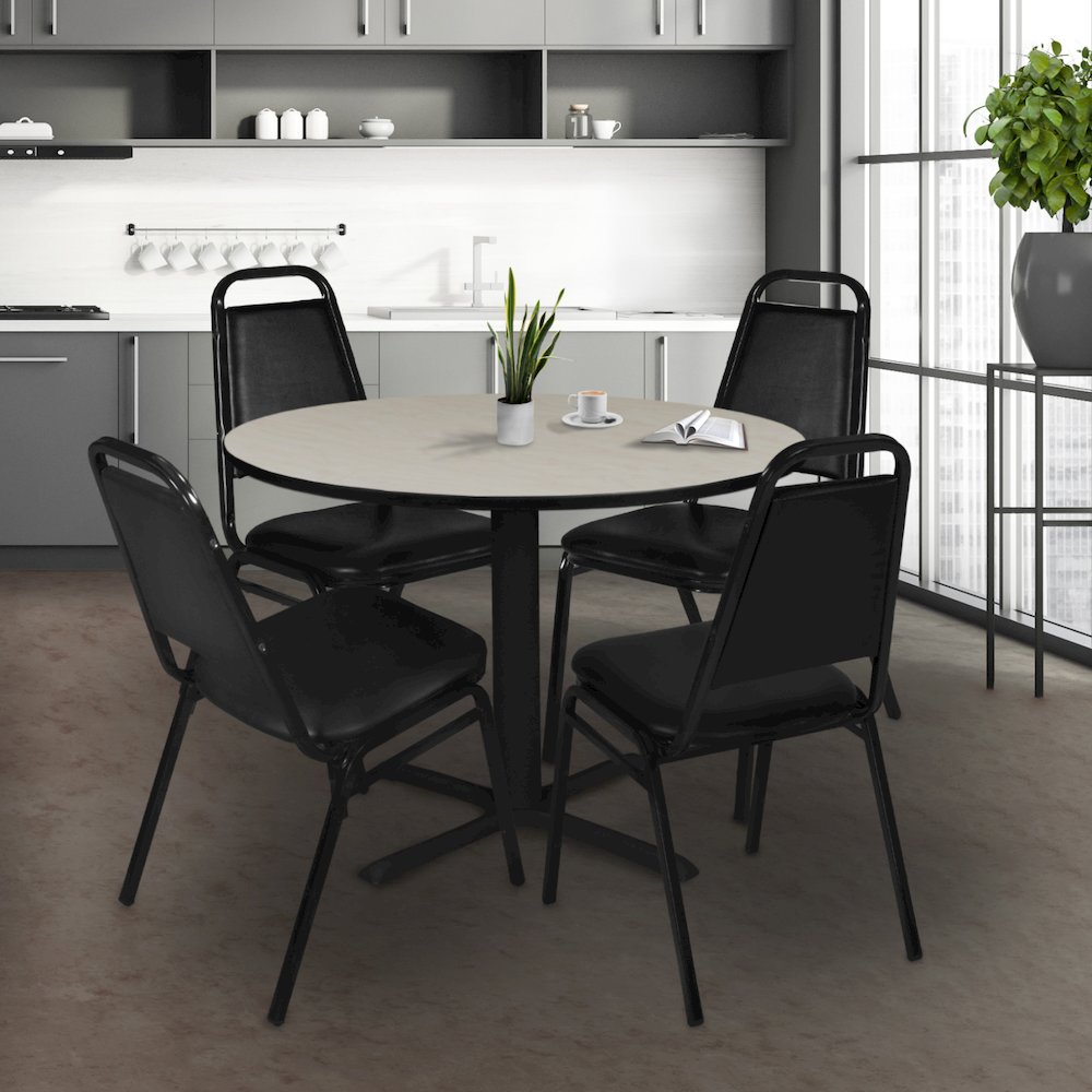 48 in. Round X-Base Breakroom Table- Maple & 4 Restaurant Stack Chairs- Black
