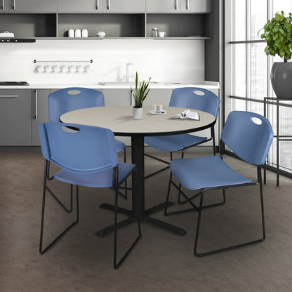 48 in. Round X-Base Breakroom Table- Maple & 4 Zeng Stack Chairs- Blue