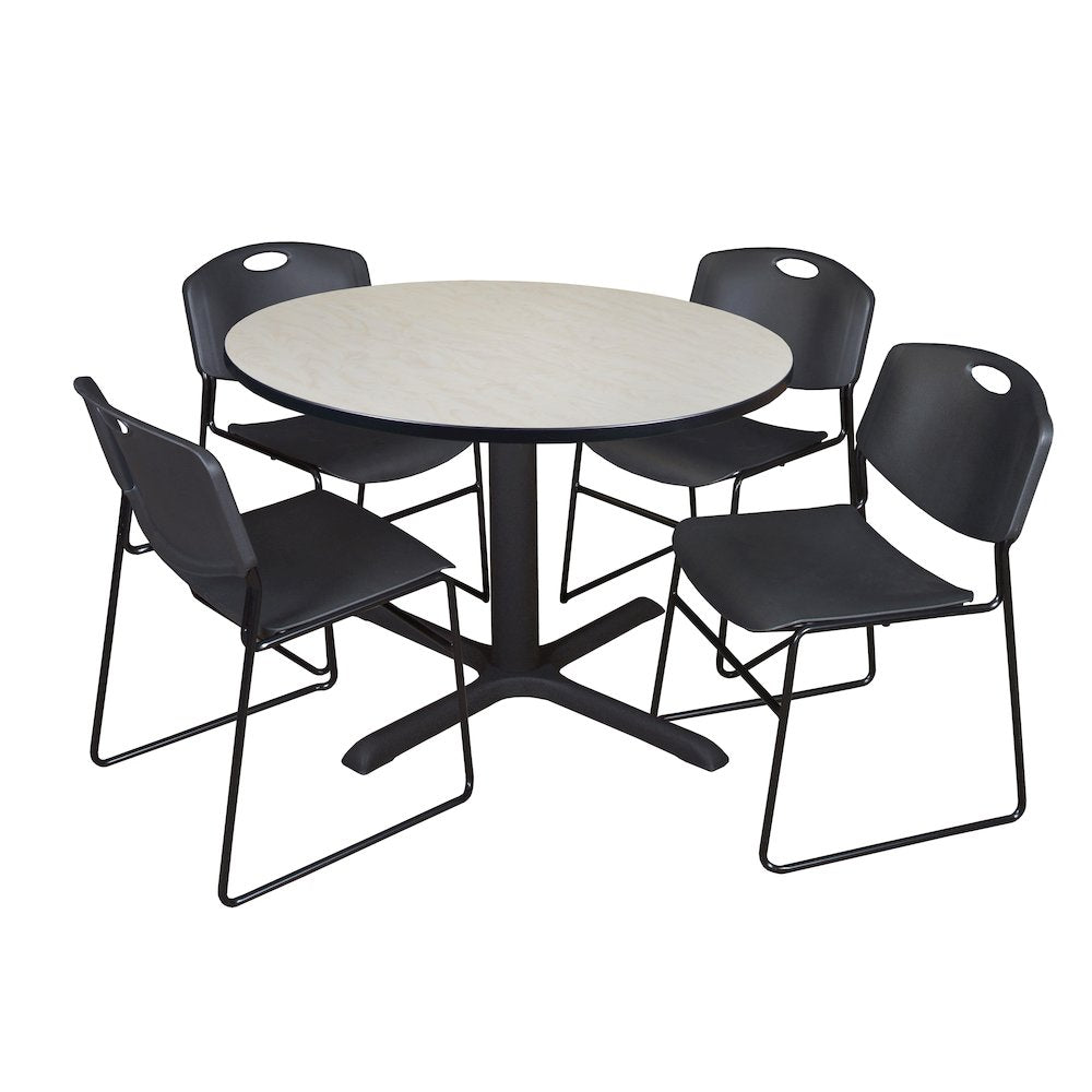 48 in. Round X-Base Breakroom Table- Maple & 4 Zeng Stack Chairs- Black