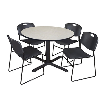 48 in. Round X-Base Breakroom Table- Maple & 4 Zeng Stack Chairs- Black