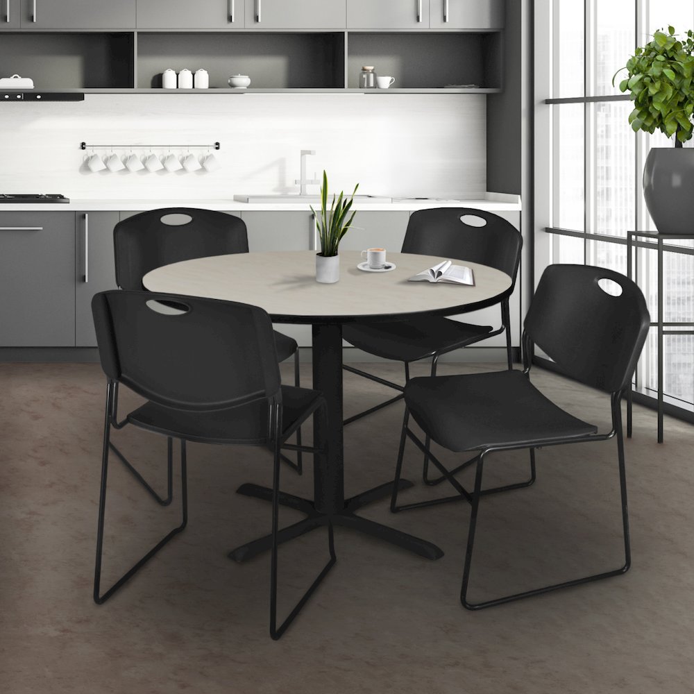 48 in. Round X-Base Breakroom Table- Maple & 4 Zeng Stack Chairs- Black