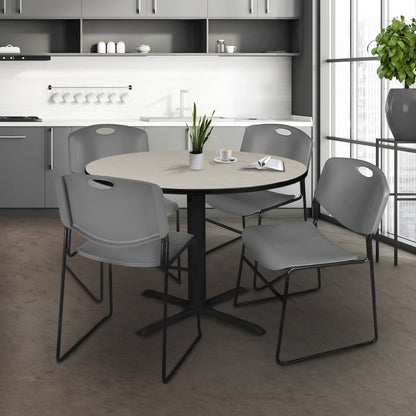 48 in. Round X-Base Breakroom Table- Maple & 4 Zeng Stack Chairs- Grey