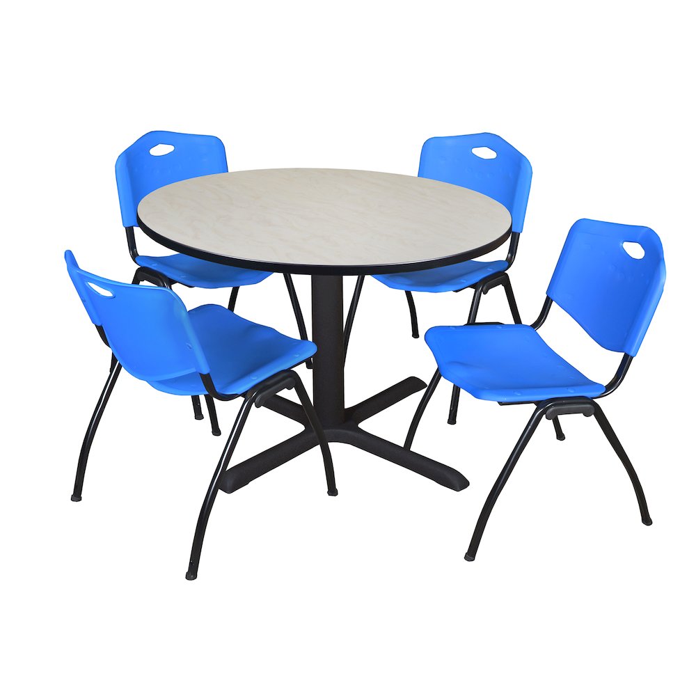 48 in. Round X-Base Breakroom Table- Maple & 4 M Stack Chairs- Blue