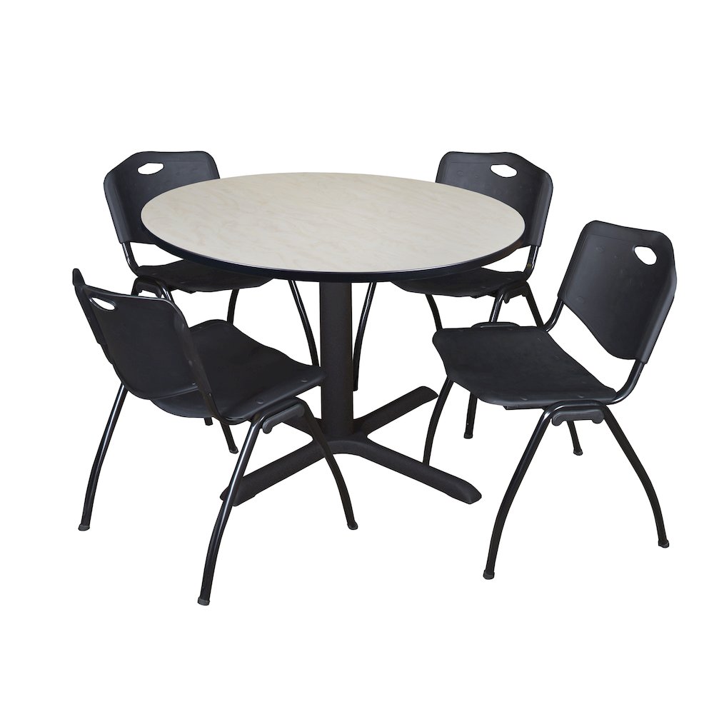 48 in. Round X-Base Breakroom Table- Maple & 4 M Stack Chairs- Black