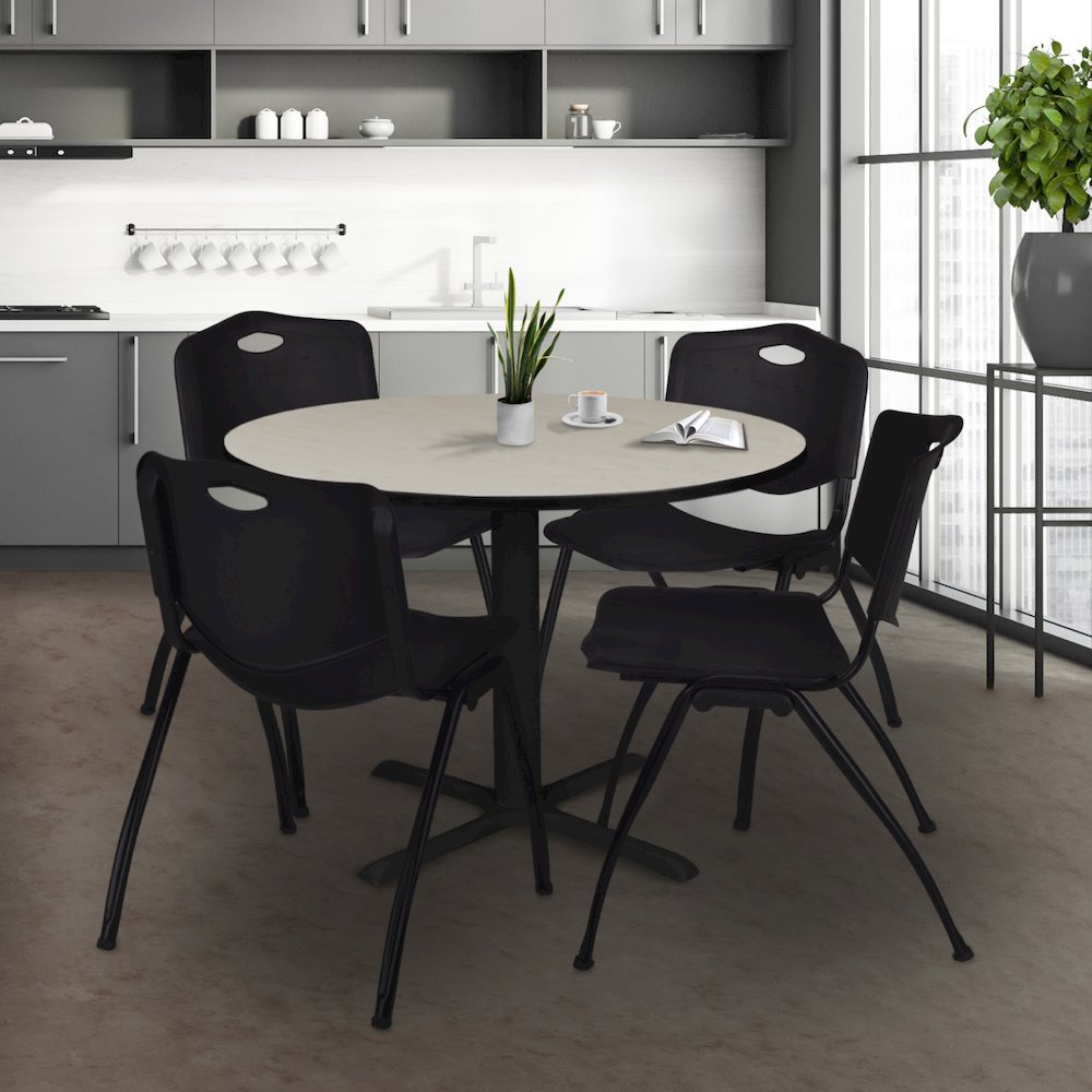 48 in. Round X-Base Breakroom Table- Maple & 4 M Stack Chairs- Black