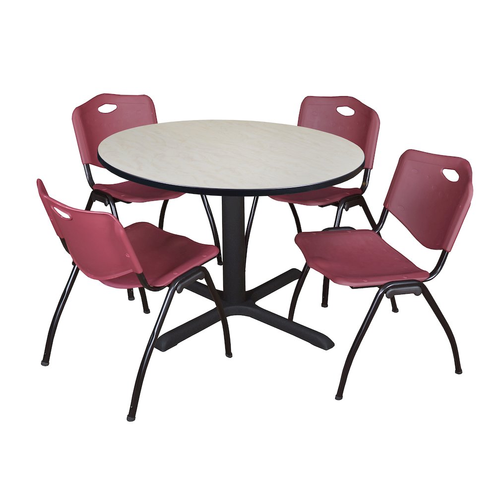 48 in. Round X-Base Breakroom Table- Maple & 4 M Stack Chairs- Burgundy