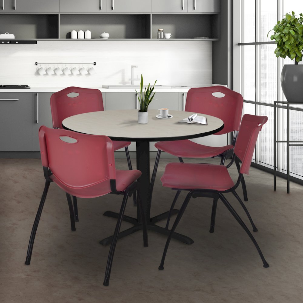 48 in. Round X-Base Breakroom Table- Maple & 4 M Stack Chairs- Burgundy