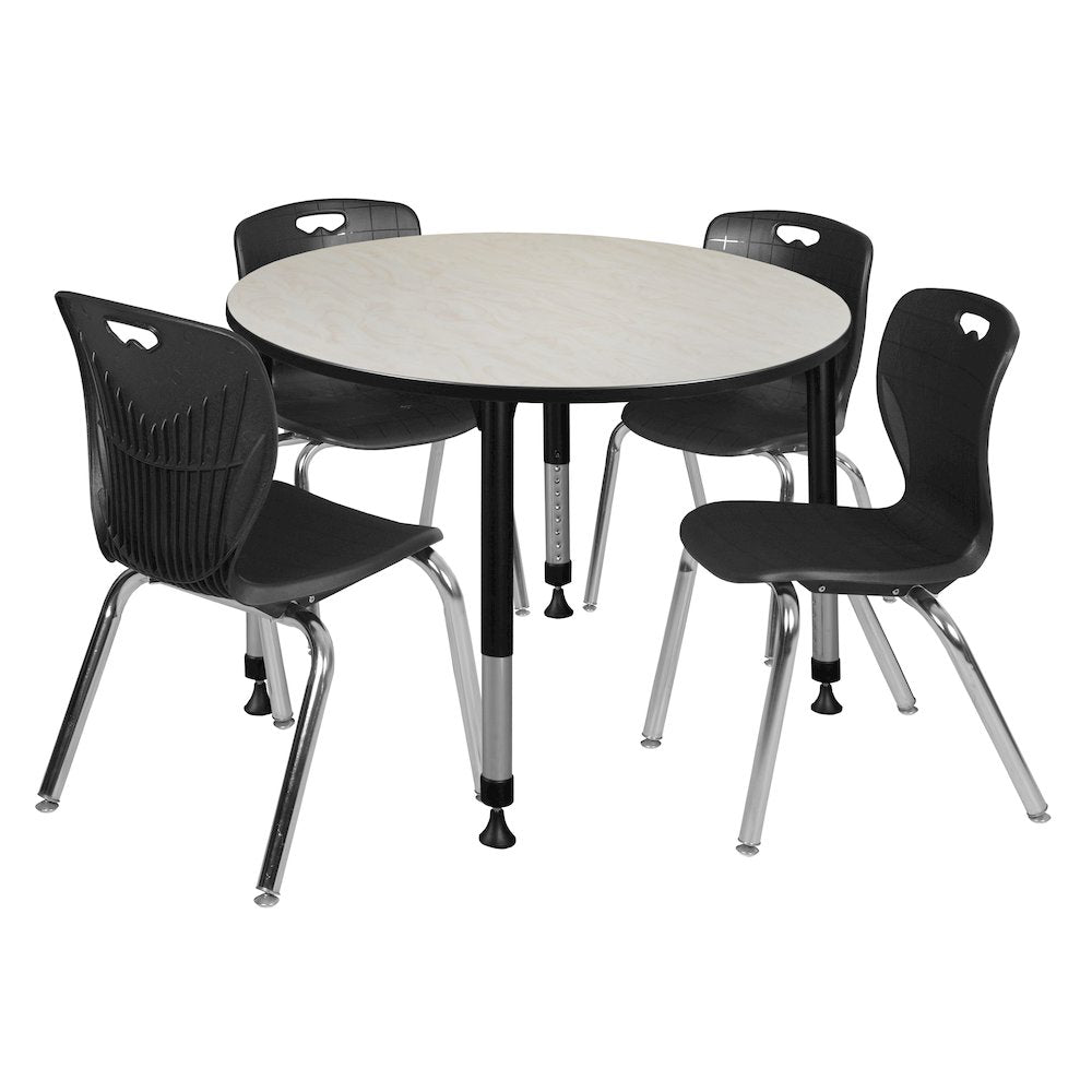 48 Round Adjustable Classroom Table- Maple & 4 Andy 18 Stack Chairs- Black