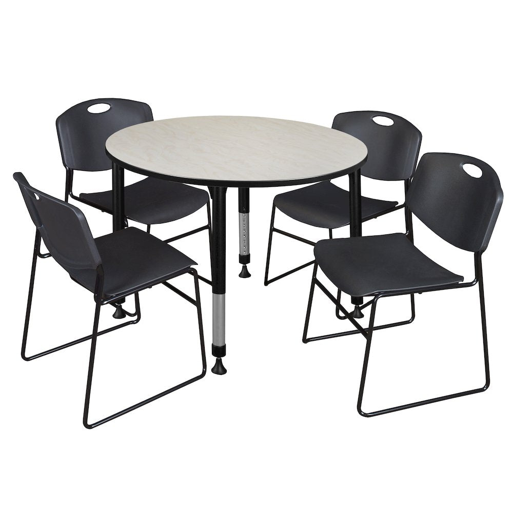 48 in. Round Adjustable Classroom Table- Maple & 4 Zeng Stack Chairs- Black
