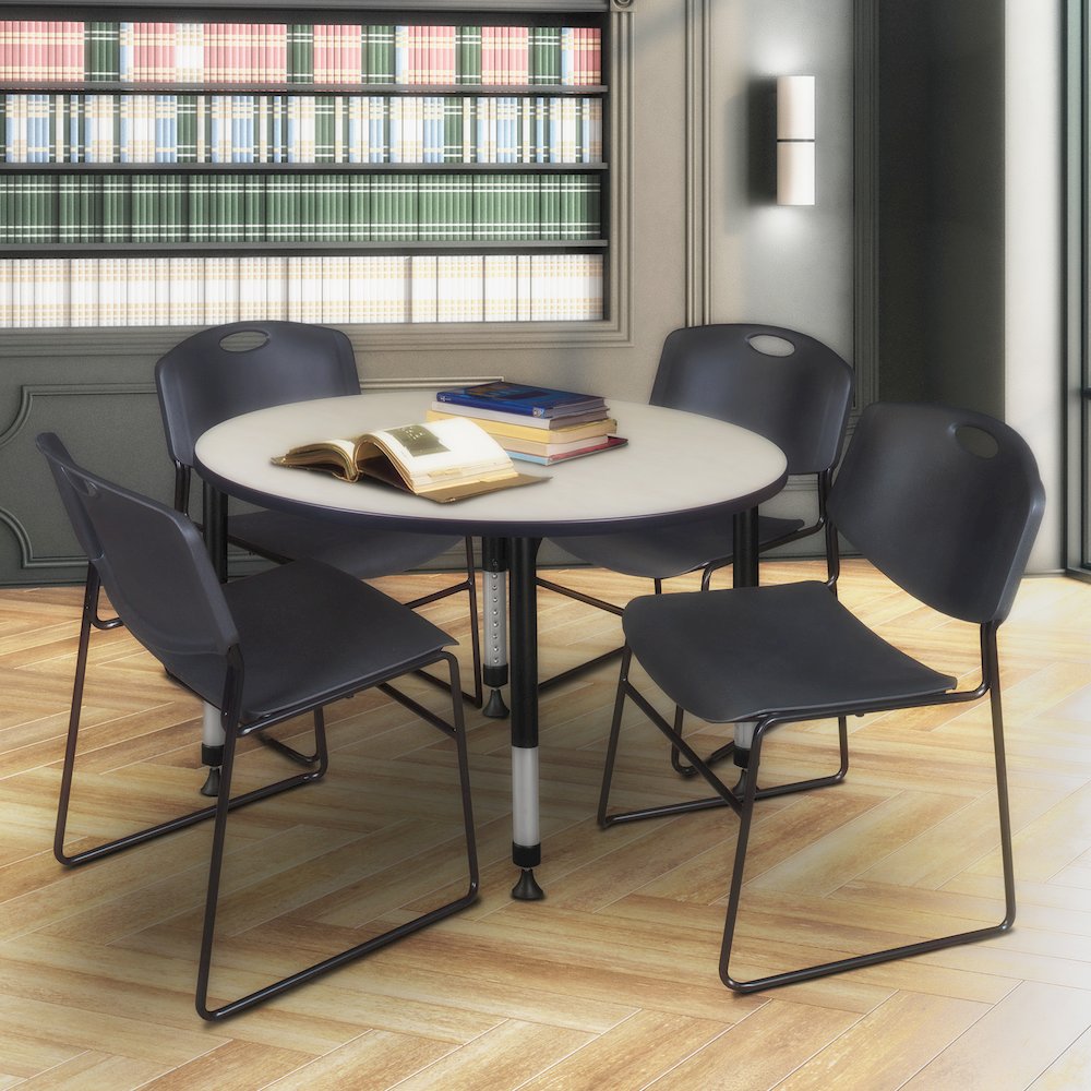 48 in. Round Adjustable Classroom Table- Maple & 4 Zeng Stack Chairs- Black