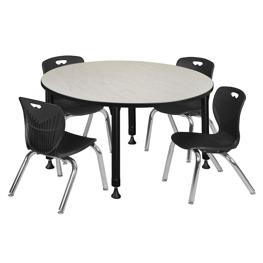 48 Round Adjustable Classroom Table- Maple & 4 Andy 12 Stack Chairs- Black