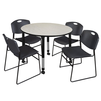 48 Round Mobile Adjustable Classroom Table- Maple & 4 Zeng Stack Chairs- Black