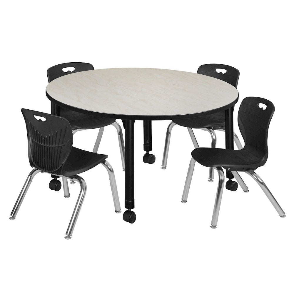 48 Round Adjustable Classroom Table- Maple & 4 Andy 12 Stack Chairs- Black