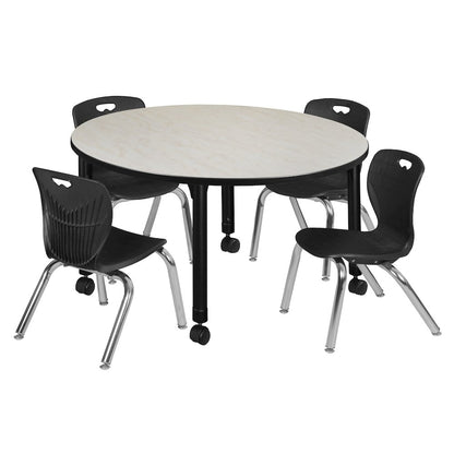 48 Round Adjustable Classroom Table- Maple & 4 Andy 12 Stack Chairs- Black