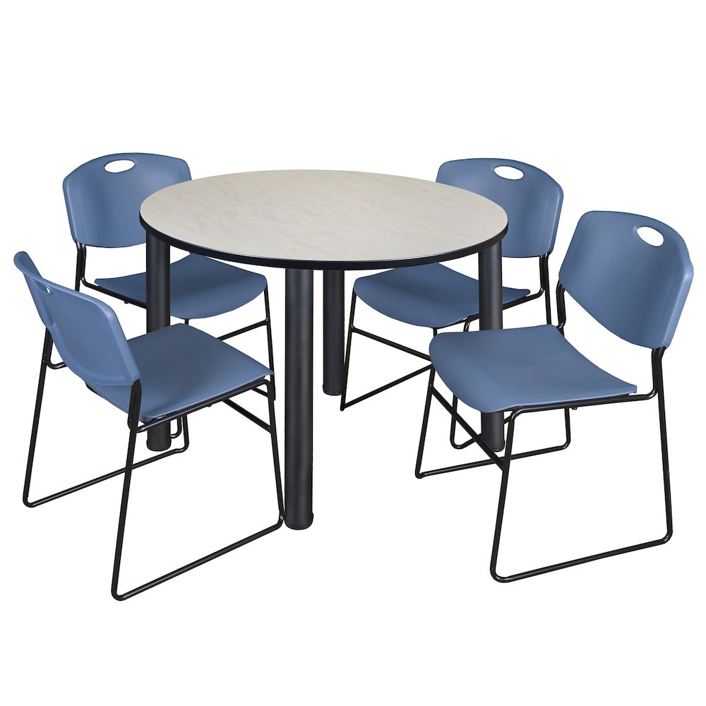 48 in Round Breakroom Table- Maple Top, Black Legs, 4 Zeng Stack Chairs- Blue