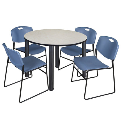 48 in Round Breakroom Table- Maple Top, Black Legs, 4 Zeng Stack Chairs- Blue
