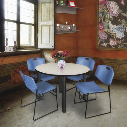 48 in Round Breakroom Table- Maple Top, Black Legs, 4 Zeng Stack Chairs- Blue