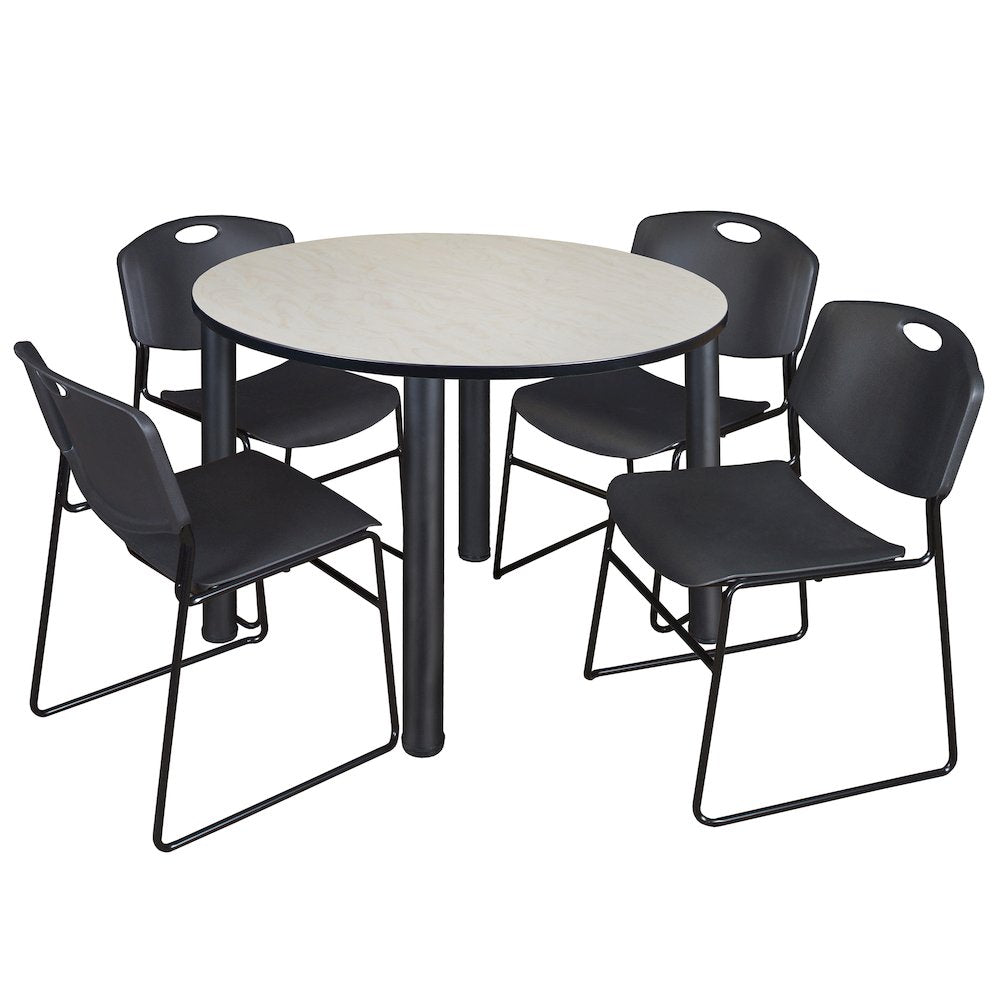 48 in Round Breakroom Table- Maple Top, Black Legs, 4 Zeng Stack Chairs- Black