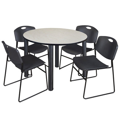 48 in Round Breakroom Table- Maple Top, Black Legs, 4 Zeng Stack Chairs- Black