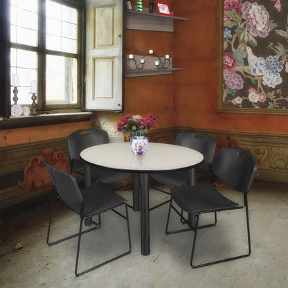 48 in Round Breakroom Table- Maple Top, Black Legs, 4 Zeng Stack Chairs- Black