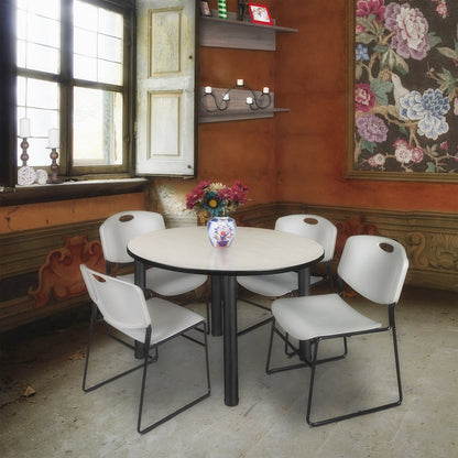 48 in Round Breakroom Table- Maple Top, Black Legs, 4 Zeng Stack Chairs- Grey