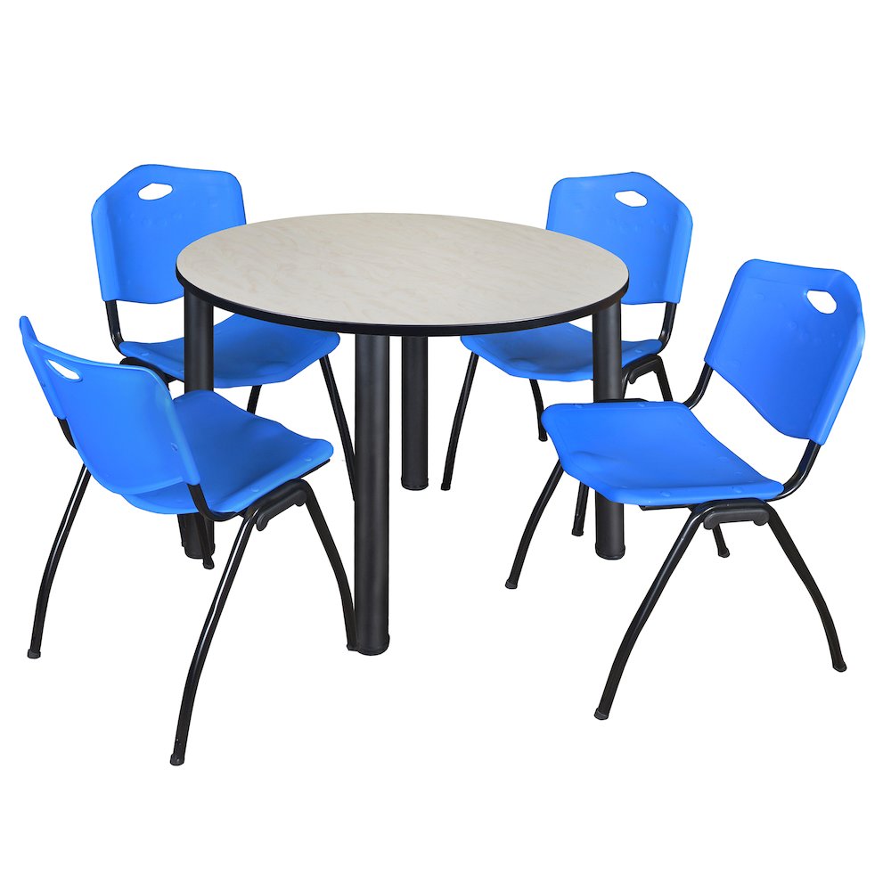 48 in Round Breakroom Table- Maple Top, Black Legs, 4 M Stack Chairs- Blue