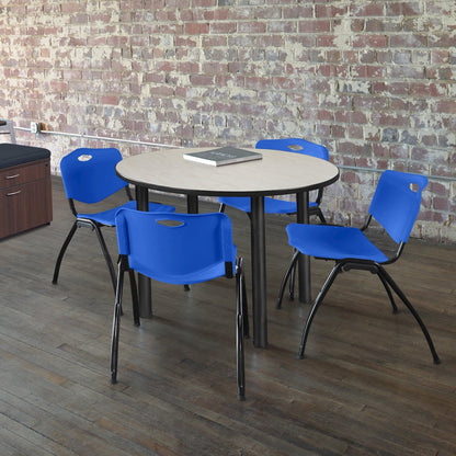 48 in Round Breakroom Table- Maple Top, Black Legs, 4 M Stack Chairs- Blue