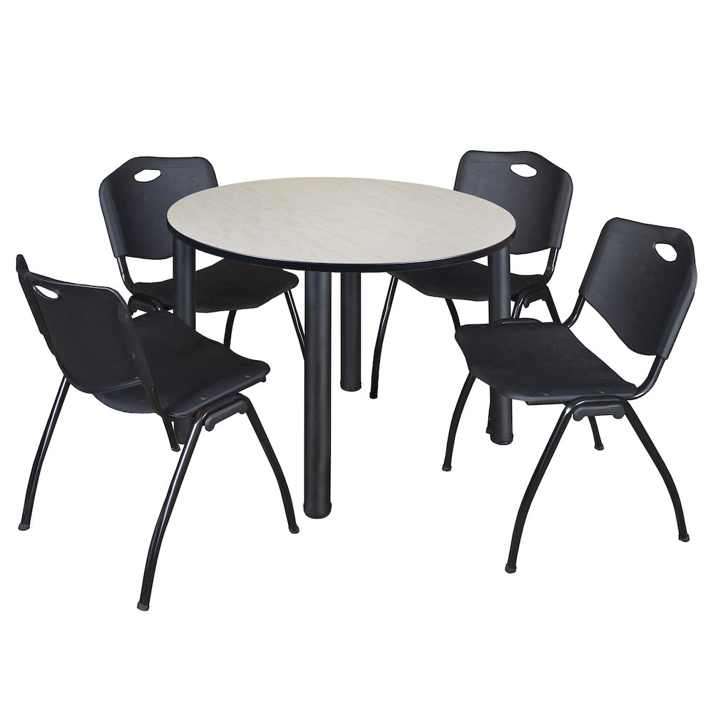 48 in Round Breakroom Table- Maple Top, Black Legs, 4 M Stack Chairs- Black