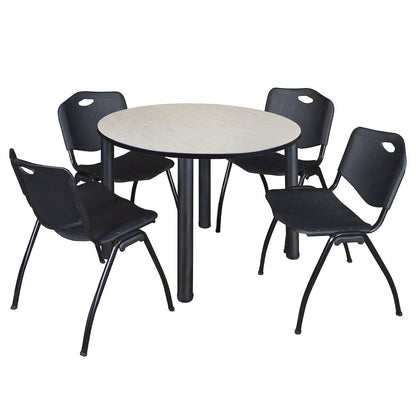 48 in Round Breakroom Table- Maple Top, Black Legs, 4 M Stack Chairs- Black