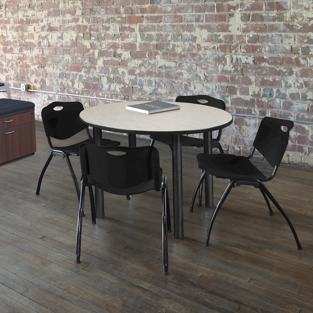48 in Round Breakroom Table- Maple Top, Black Legs, 4 M Stack Chairs- Black