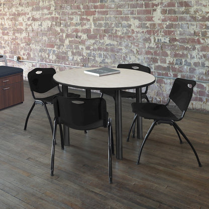 48 in Round Breakroom Table- Maple Top, Black Legs, 4 M Stack Chairs- Black