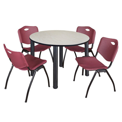 48 in Round Breakroom Table- Maple Top, Black Legs, 4 M Stack Chairs- Burgundy