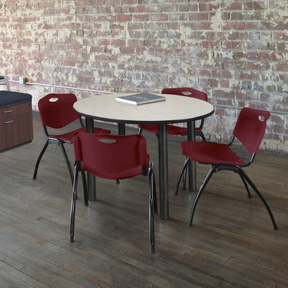 48 in Round Breakroom Table- Maple Top, Black Legs, 4 M Stack Chairs- Burgundy