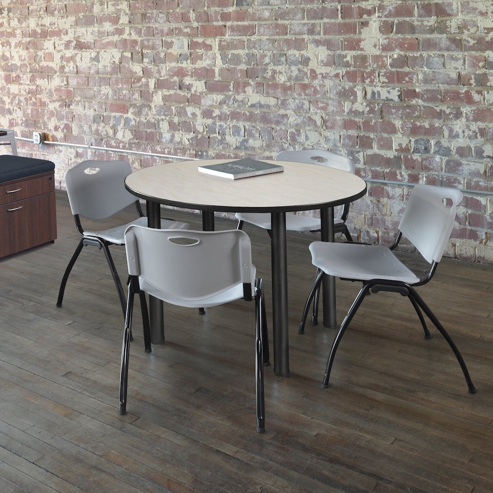 48 in Round Breakroom Table- Maple Top, Black Legs, 4 M Stack Chairs- Grey
