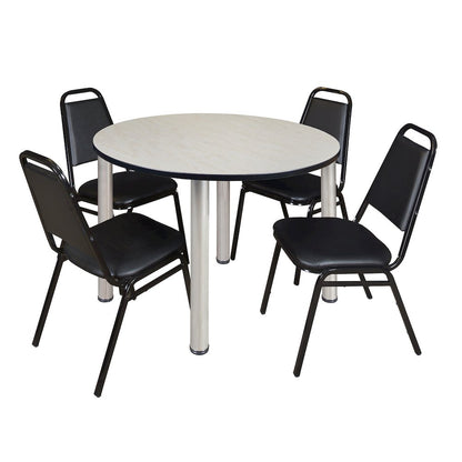 48 in Round Breakroom Table- Maple Top, Chrome Legs, 4 Restaurant Stack Chairs