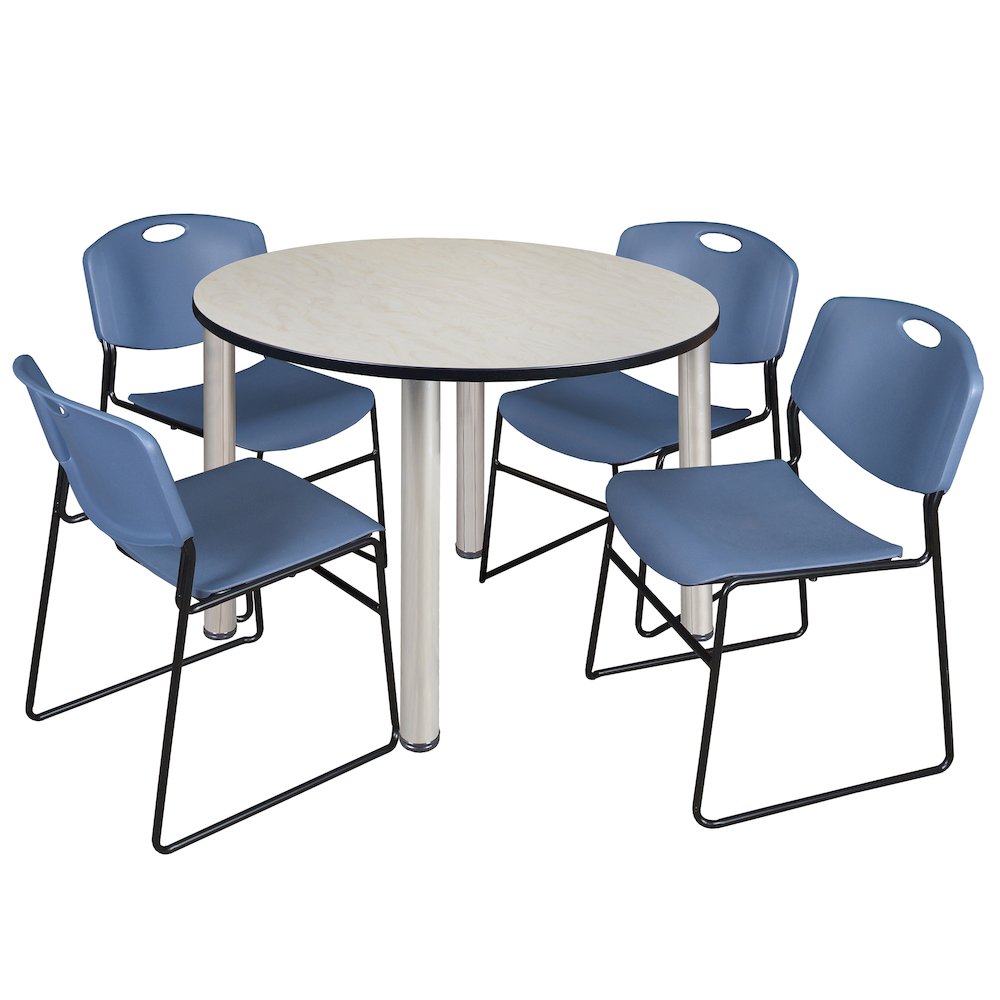 48 in Round Breakroom Table- Maple Top, Chrome Legs, 4 Zeng Stack Chairs- Blue