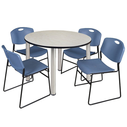 48 in Round Breakroom Table- Maple Top, Chrome Legs, 4 Zeng Stack Chairs- Blue