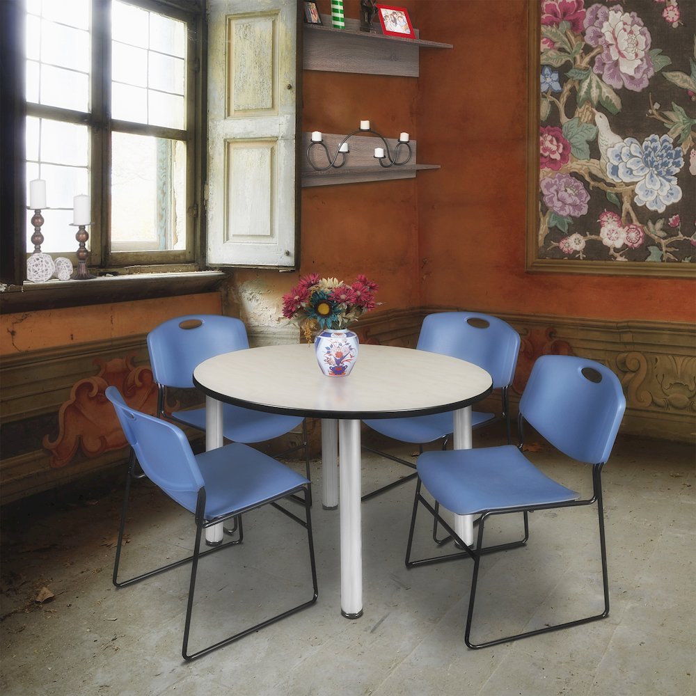 48 in Round Breakroom Table- Maple Top, Chrome Legs, 4 Zeng Stack Chairs- Blue
