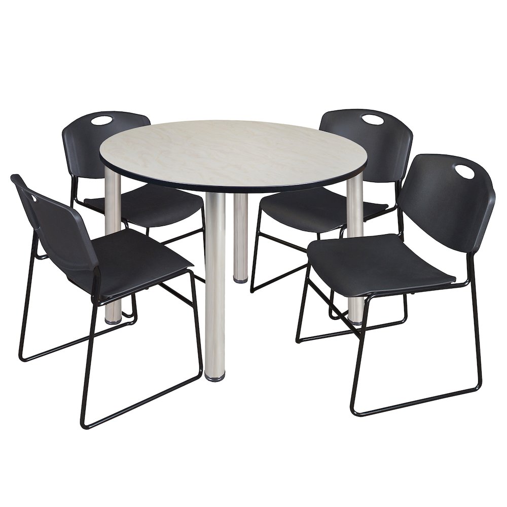 48 in Round Breakroom Table- Maple Top, Chrome Legs, 4 Zeng Stack Chairs- Black