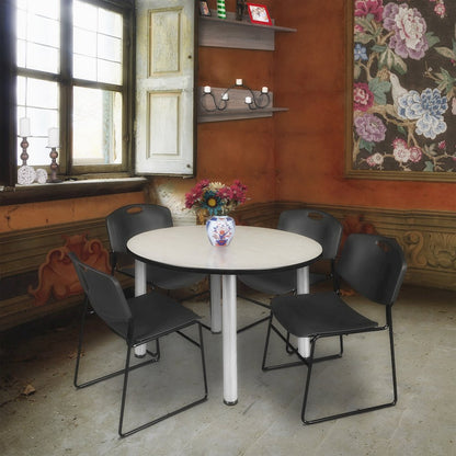 48 in Round Breakroom Table- Maple Top, Chrome Legs, 4 Zeng Stack Chairs- Black