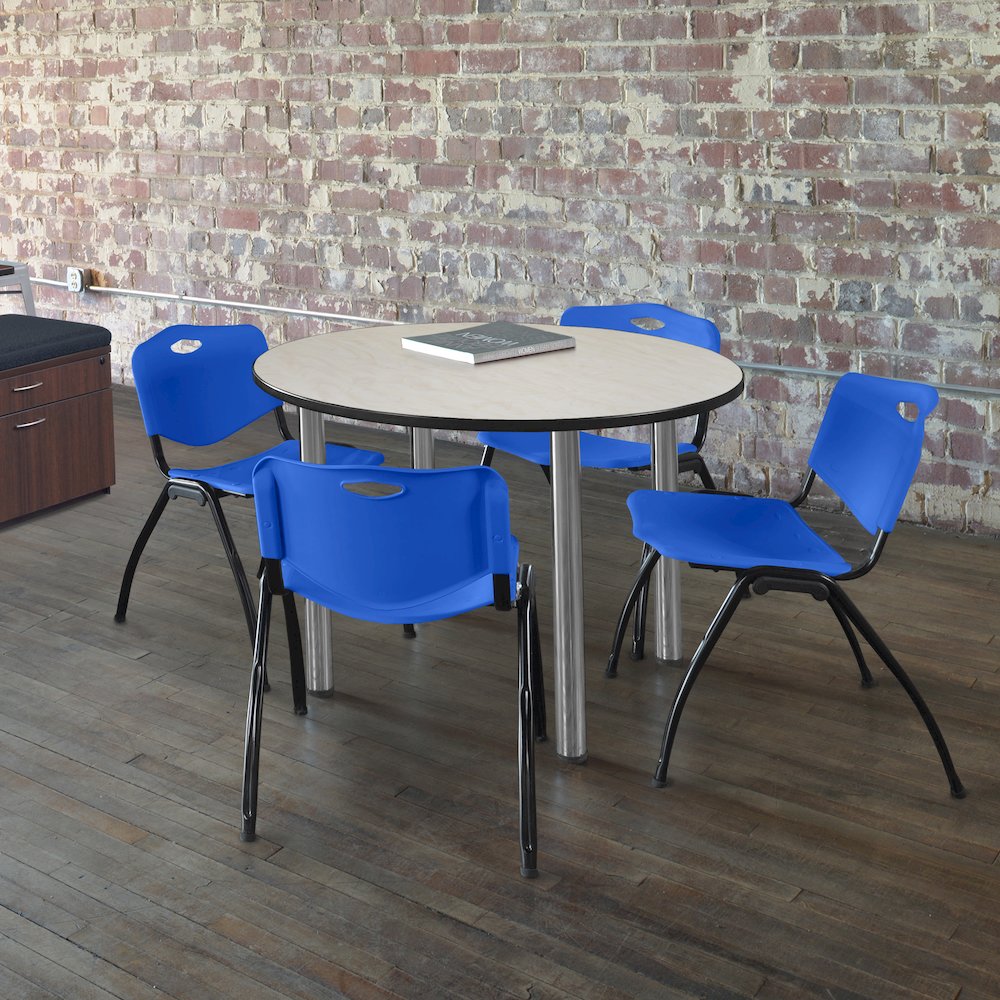 48 in Round Breakroom Table- Maple Top, Chrome Legs, 4 M Stack Chairs- Blue