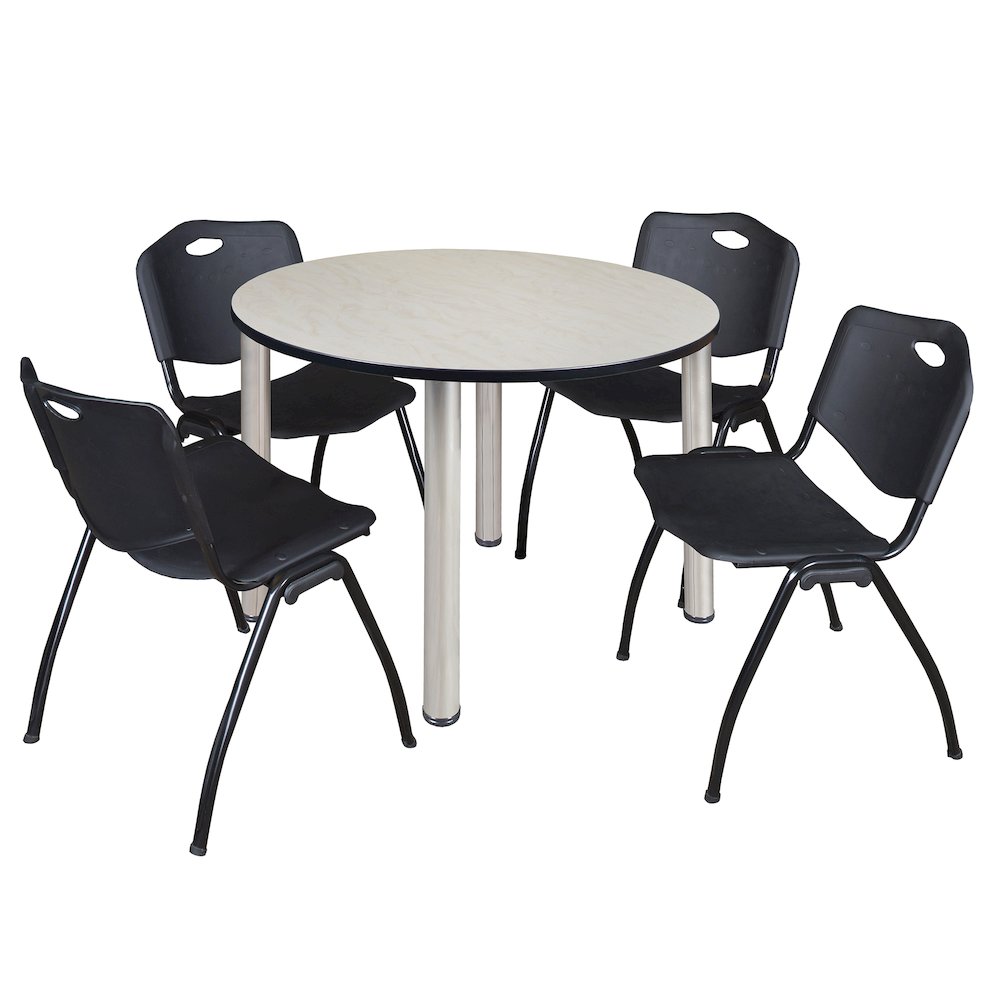 48 in Round Breakroom Table- Maple Top, Chrome Legs, 4 M Stack Chairs- Black