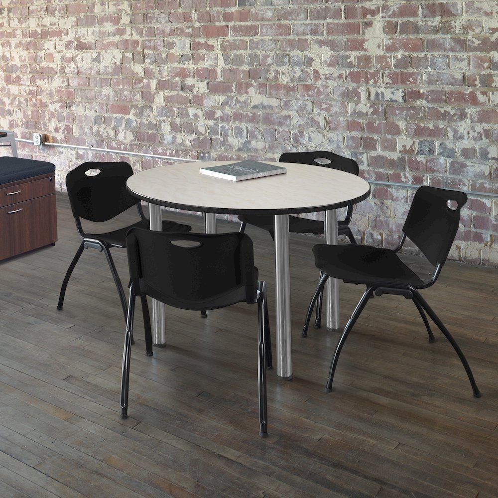 48 in Round Breakroom Table- Maple Top, Chrome Legs, 4 M Stack Chairs- Black