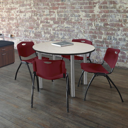 48 in Round Breakroom Table- Maple Top, Chrome Legs, 4 M Stack Chairs- Burgundy
